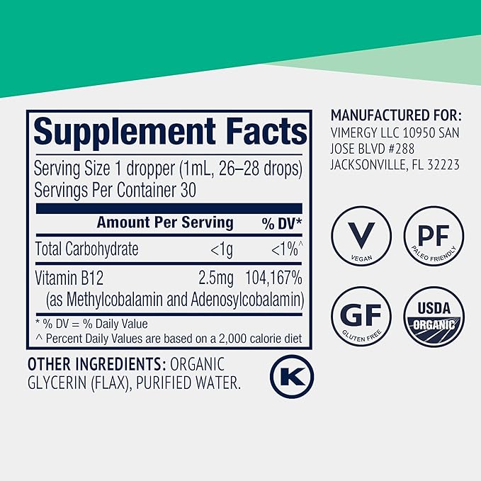Vimergy USDA Organic Liquid Vitamin B12 Supplement 2500 mcg Methylcobalamin &amp Adenosylcobalamin Fast-Absorbing Energy Support Vegan Non-GMO B12 Vitamins for Women &amp Men 30 Serving (30 mL)