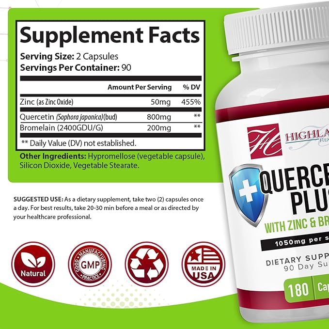 Quercetin Plus Bromelain and Zinc 180 Capsules - Immune Support Supplement for Adults Teens Seniors - Quercetin with Bromelain for Immune Support