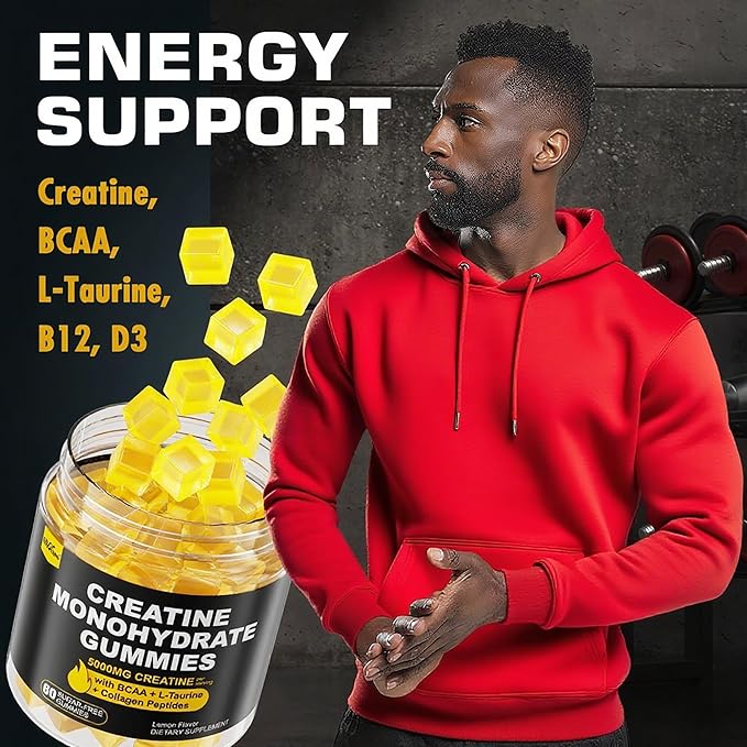 Creatine Monohydrate Gummies for Men &amp Women - with BCAA Collagen Peptides L-Taurine Vitamin B12 D3 Chewables Creatine Monohydrate 5g Per Serving Natural Lemon Flavor Sugar Free 2 Pack