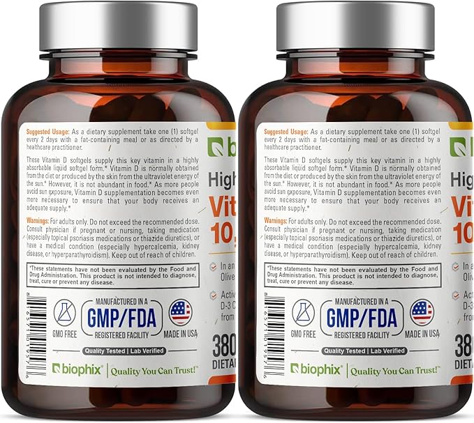 biophix Vitamin D-3 10000 IU 380 Softgels Vitamin 2 Pack - High-Potency in Extra Virgin Olive Oil Non-GMO Soy-Free Supports Strong Bones Immune Health