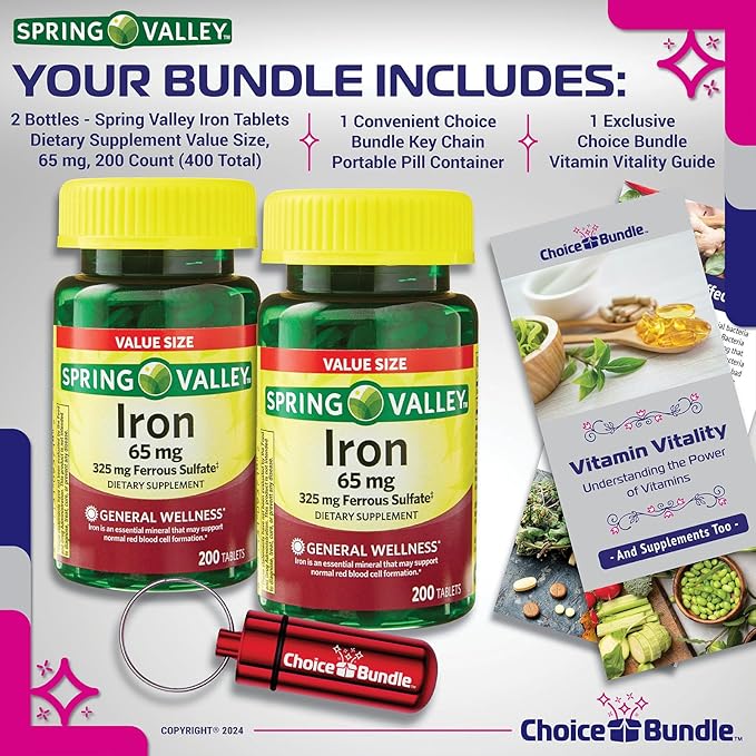 Spring Valley Iron 65 mg Tablets Ferrous Sulfate Value Size 200 Ct 2 Pk (400 Total) + Vitamin Vitality &amp Pill Container (4 Items)!