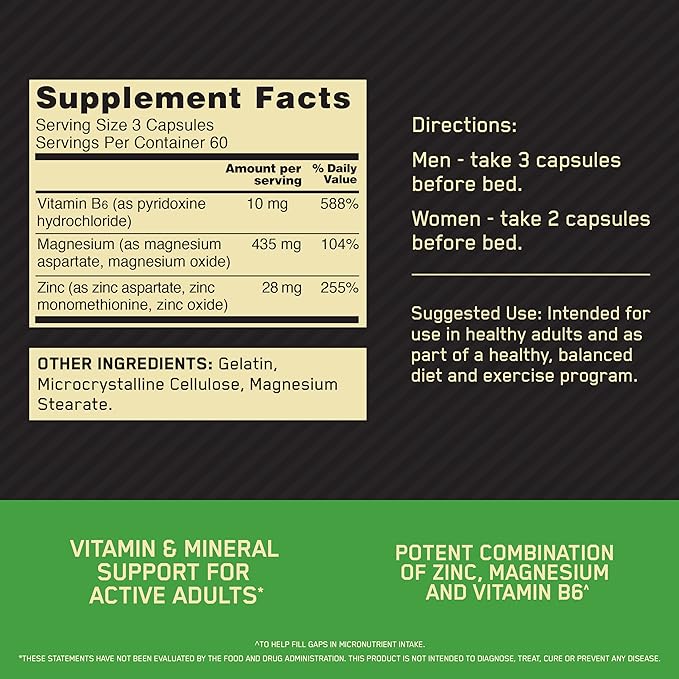 Optimum Nutrition Muscle Recovery and Endurance Supplement for Men and Women Zinc and Magnesium Supplement 180 Count