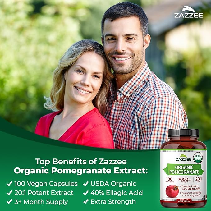 Zazzee USDA Organic Pomegranate 20:1 Extract 40% Ellagic Acid 100 Vegan Capsules 3+ Month Supply Punica Granatum Antioxidant Immune &amp Polyphenol Support All-Natural Non-GMO Made in the US