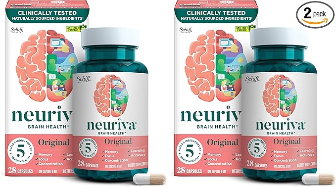 NEURIVA Original Decaffeinated Clinically Tested Nootropic Brain Supplement for MemoryFocus &amp ConcentrationNeuroFactor &amp Phosphatidylserine28ct Capsules(Pack of 2)