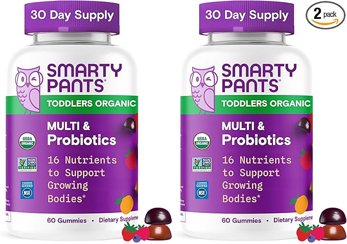 SmartyPants Organic Toddler Multivitamin Gummies: ProbioticsOmega 3 (ALA)Vitamin D3CVitamin B12B6AK&ampZincBeta CaroteneGluten FreeThree Fruit Flavors (30 Day Supply)60 Count (Pack of 2)