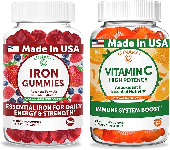 Lunakai USA Made Iron Gummies + Vitamin C Gummies Bundle – Naturally Flavored Non-GMO – 60ct Each