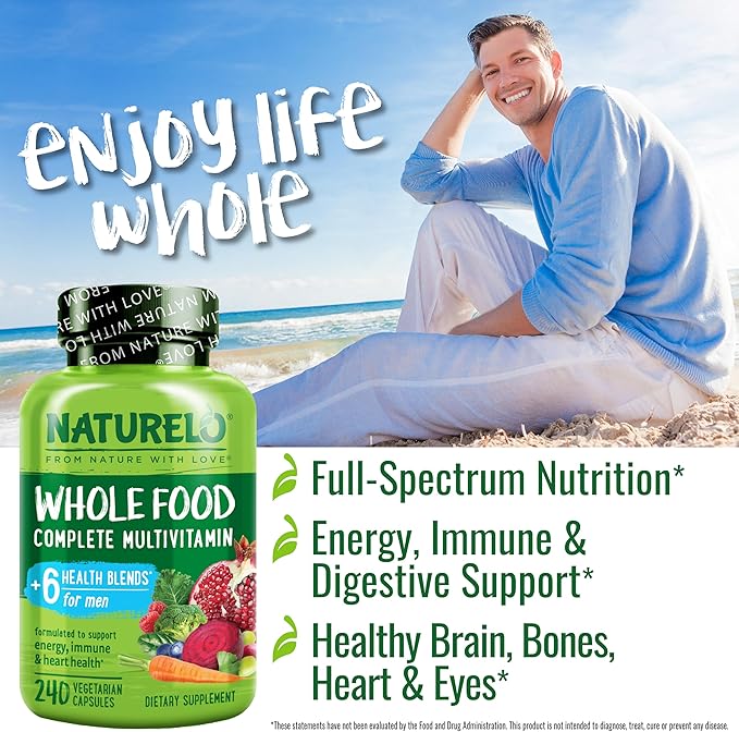 NATURELO Mens Multivitamins - Whole Food Multivitamin for Men with Vitamins Minerals - 240 Vegetarian Capsules for Energy Brain Heart Eye Health*