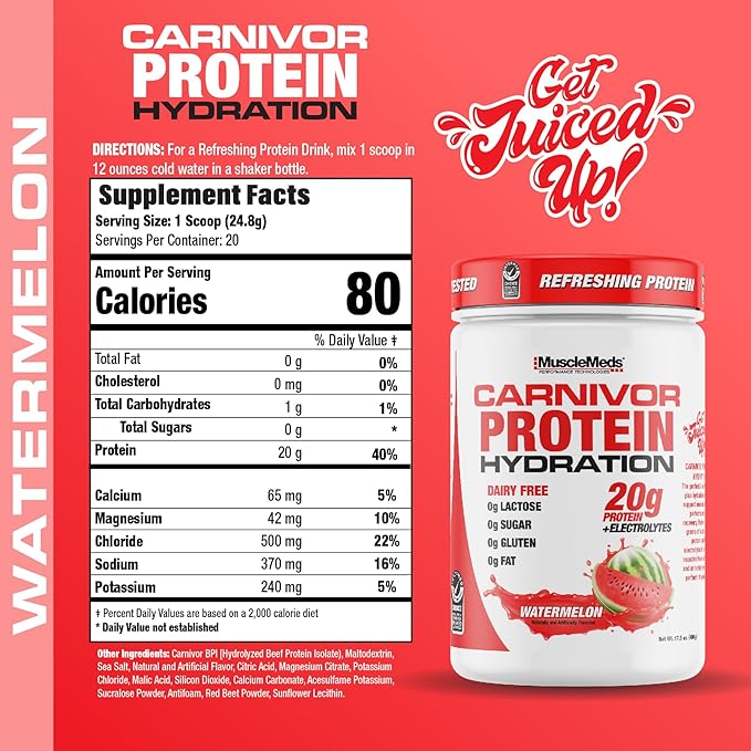 MuscleMeds Carnivor Protein Hydration Drink Powder 20g Refreshing Protein Isolate Lactose Free Sugar Free Electrolytes Muscle Building Recovery Halal Certified Watermelon 20 Serve