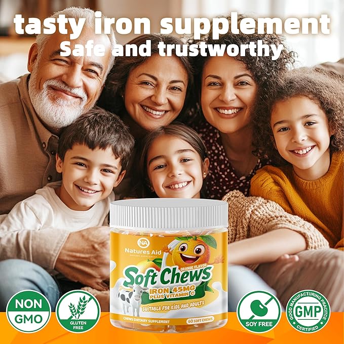 Chewable Iron Supplement for Women &amp Men and Kids - Orange Flavor Iron Vitamin C Soft Chew for Max Absorption Iron as Ferrous Fumarate Ideal for Iron Deficiency 2 Month Supply