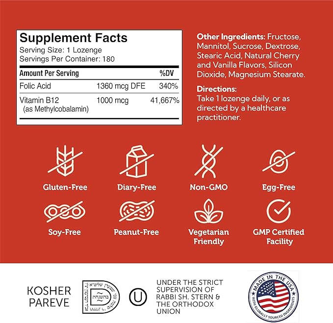 Zahler Energizer Vitamin B12-5000 mcg Vitamin B12 - Natural Cherry Flavor Dissolvable Lozenges - Kosher Gluten Free Non-GMO B12 Vitamins 5000 mcg Energy Boost Made in USA (180 Count)