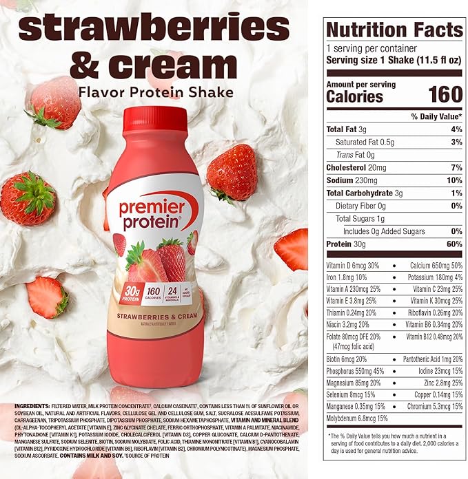 Premier Protein Shake Strawberries &amp Cream 30g Protein No Added Sugar 24 Vitamins &amp Minerals to Support Immune Health 11.5 fl oz 12 Pack