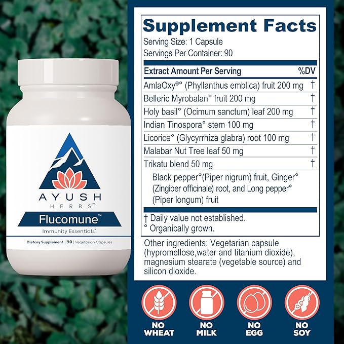 Ayush Herbs Flucomune - Immune Support Supplement Sinus Support for Women &amp Men Herbal Lung &amp Respiratory Balance for Adults - 90 Vegetarian Capsules (1 Count)