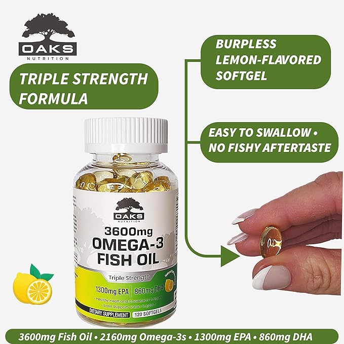 Omega 3 Fish Oil 3600mg | Triple Strength Burpless Softgels | 2160mg Omega-3s with 1300mg EPA &amp 860mg DHA | Ultra Purified Wild Caught Lemon Flavor 120 Softgels 60 Day Supply