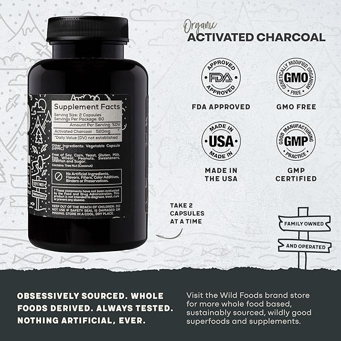 Wild Foods Activated Charcoal Capsules | 100% Organic Coconut Shells Active Tablets | Lab Tested &amp Non-GMO Pills | Made in USA (120 Capsules)
