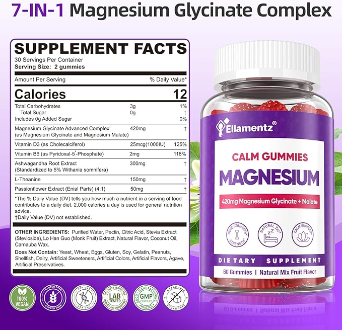 Magnesium Glycinate Gummies 420mg for Men &amp Women - Melatonin Free Magnesium Supplement with Malate Ashwagandha L-Theanine D3 &amp B6 for Brain Calm Musclě Health &amp Sleep Support 120Cts