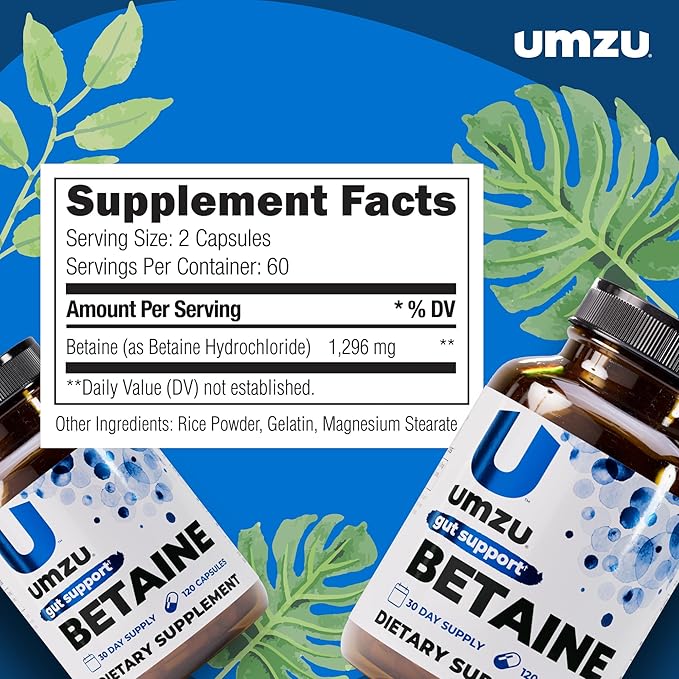 UMZU Betaine HCl Digestive Support Supplement (60 Day Supply) – with Betaine Hydrochloride Formula – Betaine HCl for Digestive Health &amp Gut Comfort Daily Digestive Wellness Support System Formula