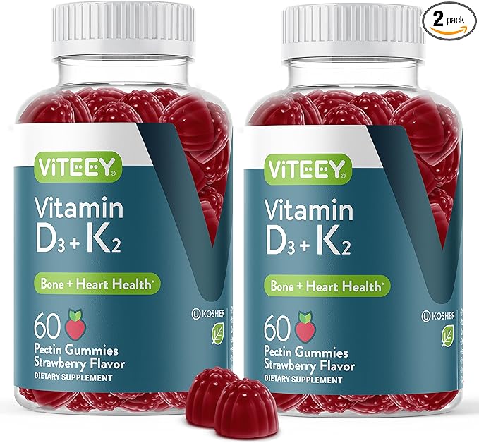 VITEEY Vitamin D3 K2 Gummies - 1000 IU Vitamin D3 and K2 100mcg - Bone &amp Heart Health for Adults and Teens - Vegetarian Gelatin Free GMO Free - Tasty Chewable D3K2 Vitamins Strawberry Flavored G