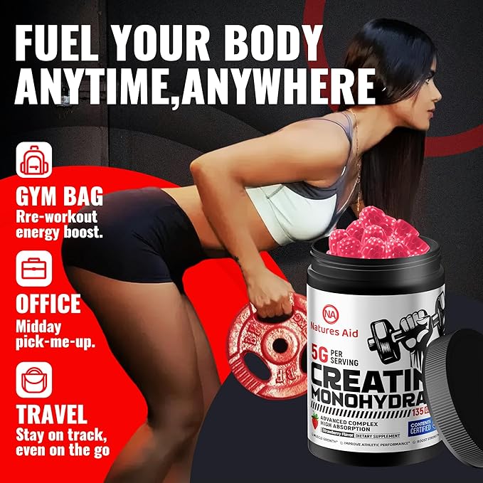 Natures Aid NSF Certified Creatine Gummy 5g - Creatine Monohydrate Gummies – Pre-Workout Energy &amp Muscle Growth Support for Men &amp Women | Strawberry Electrolyte Gummies (135 Count)