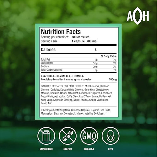 ADAPTOHEAL Immuneheal – Adaptogen Immune System Booster Supplement with Schisandra Chinensis Ginseng and Mushroom Extract (180 Capsules)