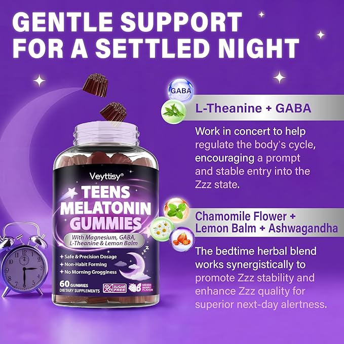 Teens Melatonin Gummies Supplement - 1.5mg Precise Dose with Magnesium GABA L-Theanine &amp Lemon Balm - Natural Zzz Support for Late-Night Study &amp Big Test Nights - Non-Habit Forming Sugar-Fr
