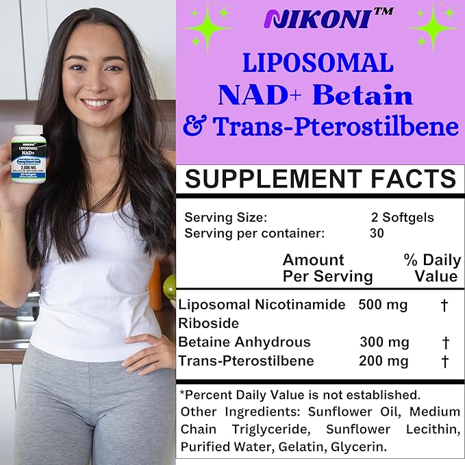 Nikoni Liposomal NAD+ 2000 mg with TMG and Pterostilbene Supports Healthy Aging-120 Softgels