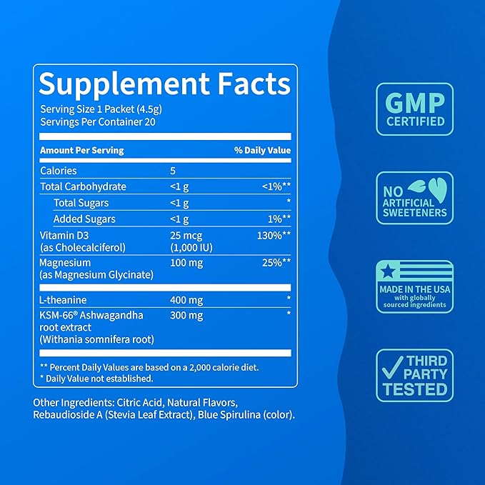 Nello Supercalm Drink Mix - Blue Coconut and Raspberry Lemonade KSM 66 Magnesium Glycinate &amp L-Theanine Supplement - Focus and Relaxation Support (2 x 20 Travel Packets)