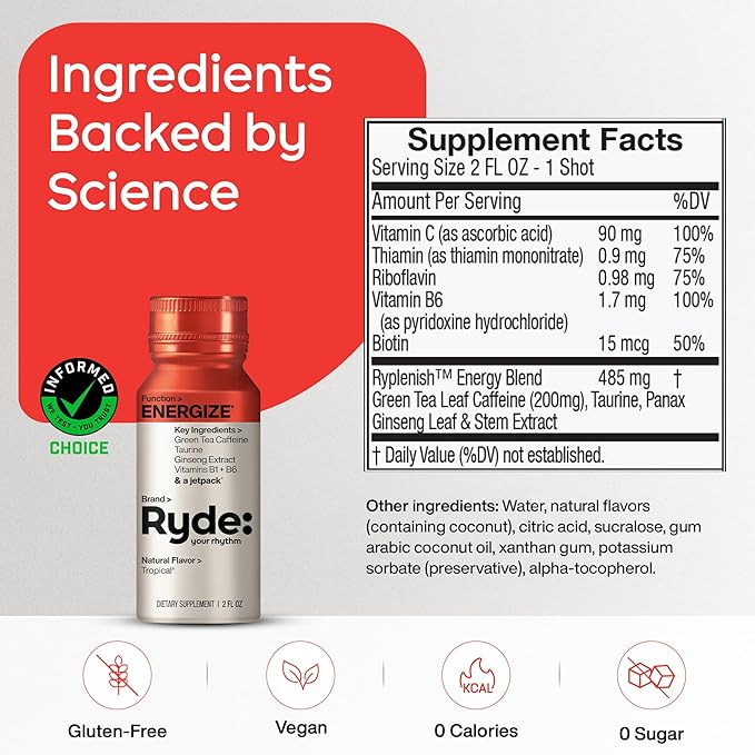 Ryde: Energize Shot | Tropical Flavor | Green Tea Caffeine Taurine Ginseng Extract &amp B Vitamins | 0 Calories 0 Sugar | 2 FL OZ Shots | Boosts energy* (8 Pack)