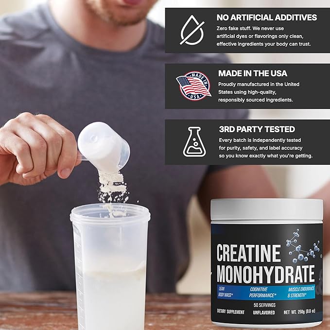 Creatine Monohydrate - Pure &amp Unflavored Creatine Powder - Vegan Gluten Free No Additives Non-GMO - Easy-Mix Formula for Strength &amp Performance Support - 5 g per Serving - 50 Servings