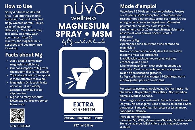 Magnesium Oil Spray with MSM – Extra Strength – 32mg per Spray – Light Lavender Scent – Product of Canada – 237 ml