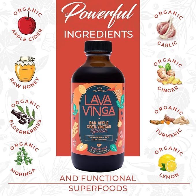 VINGA Lava Raw Apple Cider Vinegar Fire Cider with Cold Pressed Moringa Oleifera 8 oz. Natural Cold and Flu Remedy and Immune System Booster Antioxidant Rich Superfood with 92 Essential Nutrients