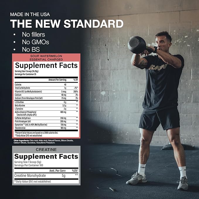 RAW Nutrition Creatine Monohydrate &amp Charged Sour Watermelon Pre-Workout Powder Bundle