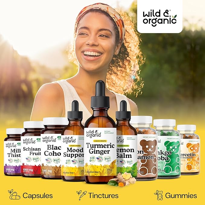 Wild &amp Organic Turmeric and Ginger Supplement Drops - Joint &amp Immune Support - Liquid Turmeric with Ginger and Black Pepper Extract - Curcumin Supplement - Vegan Sugar &amp Alcohol-Free Tinc