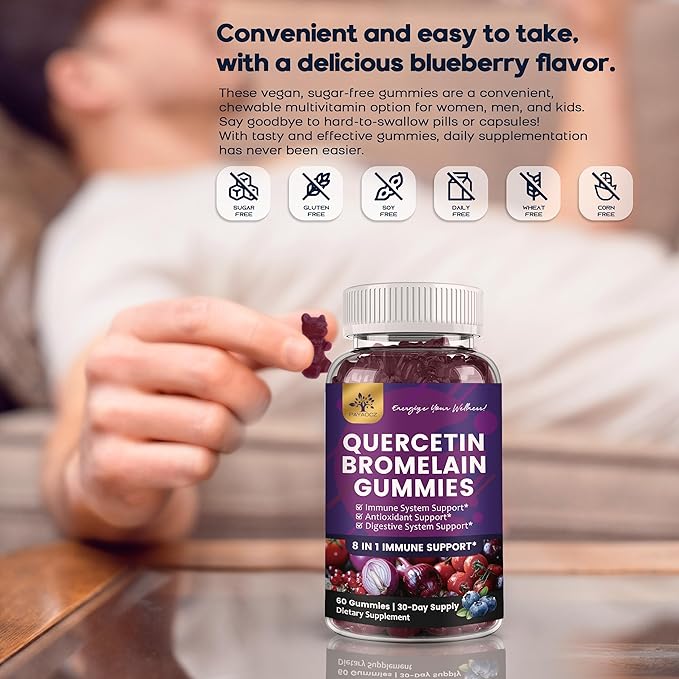 (3 Pack) Quercetin Gummies with Bromelain Zinc Elderberry Vitamin C D3 K2 Quercetin 1000mg Supplement with Bromelain 500mg for Cardiovascular Immune System &amp Allergy Vegan Gummy for Adult &amp