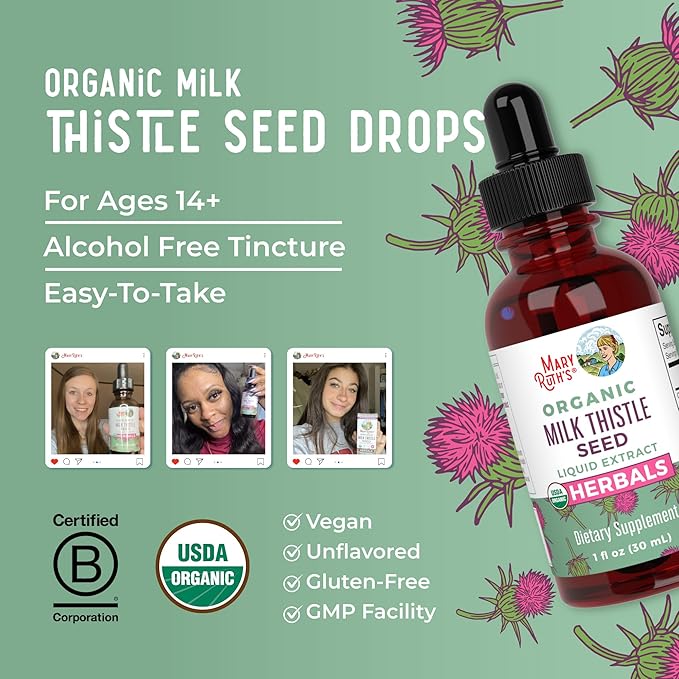 MARYRUTH'S Organic Milk Thistle Seed Liquid Extract Drops 1 fl oz | 1190 mg Milk Thistle Seed | Silybum marianum | Alcohol-Free | Vegan | USDA Organic | Non-GMO