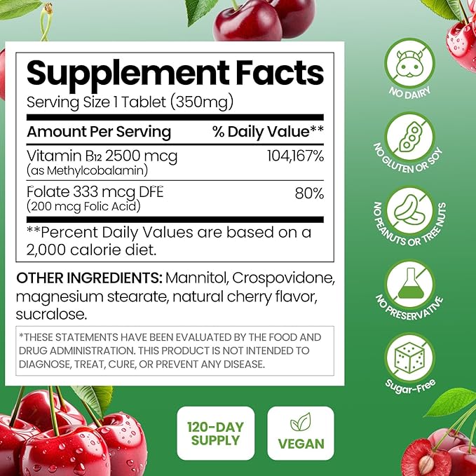 Vitamin B12 Methylcobalamin Sublingual 2500 mcg - with Folic Acid Under Tongue Cherry Flavor for Cellular Energy Support Energy Metabolism Nervous System Health(4-Month Supply)