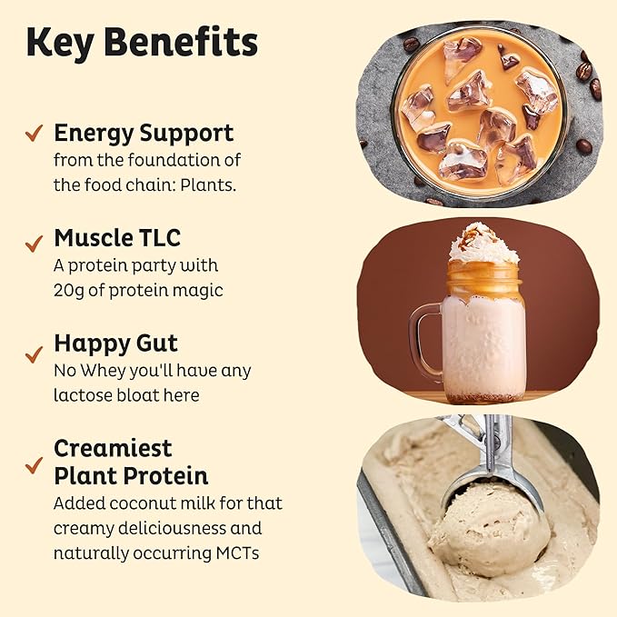 KOS Vegan Protein Powder Salted Caramel Coffee - Low Carb Pea Protein Blend Organic Plant Superfood Rich in Vitamins &amp Minerals - Keto Dairy Free - Meal Replacement for Women &amp Men - 15 Ser