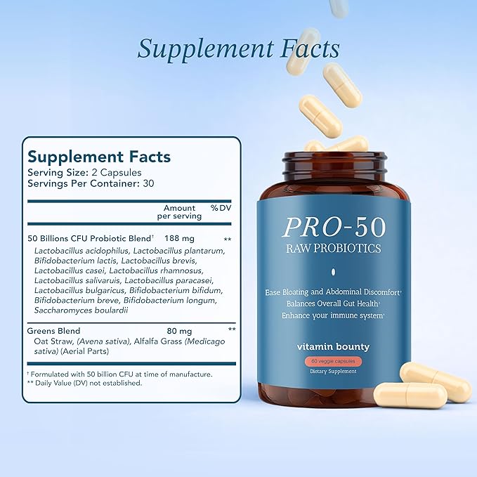 Vitamin Bounty Pro-50 Probiotics 50 Billion CFU for Women &amp Men - 13 Multi Strain Probiotic + Prebiotic - Digestive Health Supplements for Gut Health Support - Delayed Release Capsules for Men &am