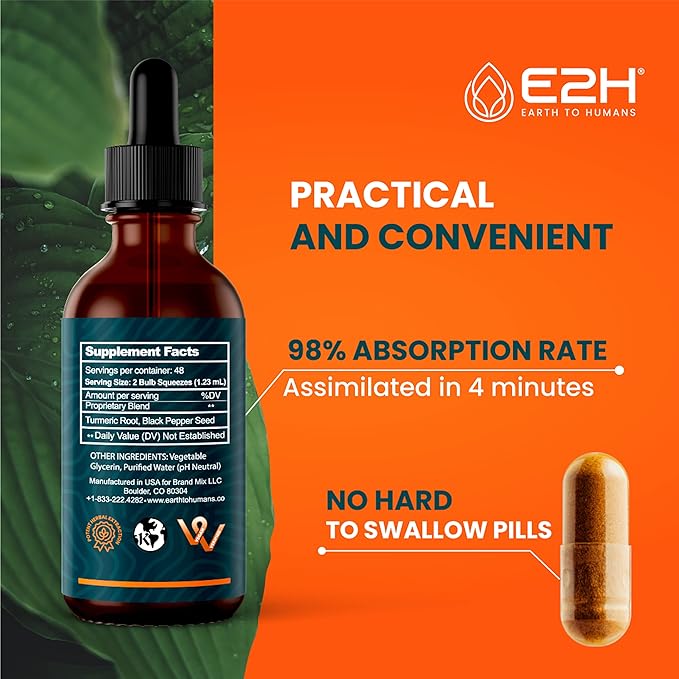 E2H Turmeric Curcumin Drops with Black Pepper - Boost Your Health - Joint Support Supplement - Vegan - Non-GMO - (2 Bottles)