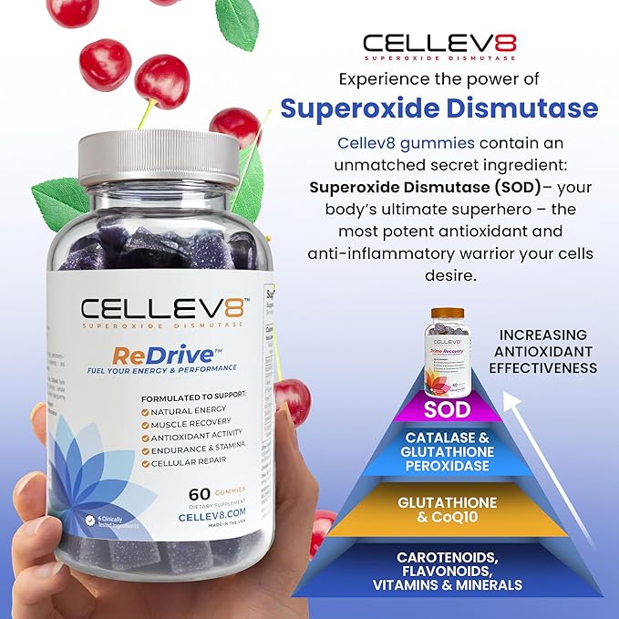 Cellev8 ReDrive Performance Gummies - 60 Count - Antioxidant Cellular Muscle Recovery Endurance Stamina Daily Energy Supplements for Men &amp Women with SOD Vitamin D3 - Raspberry Flavor