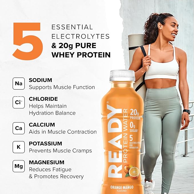 Ready® Clear Protein Water – 20g Whey Protein Isolate Zero Sugar Low-Calorie Sports Drink for Hydration &amp Recovery – Electrolytes Essential Amino Acids – Orange Mango 16.9 fl oz Bottles (12-Pa