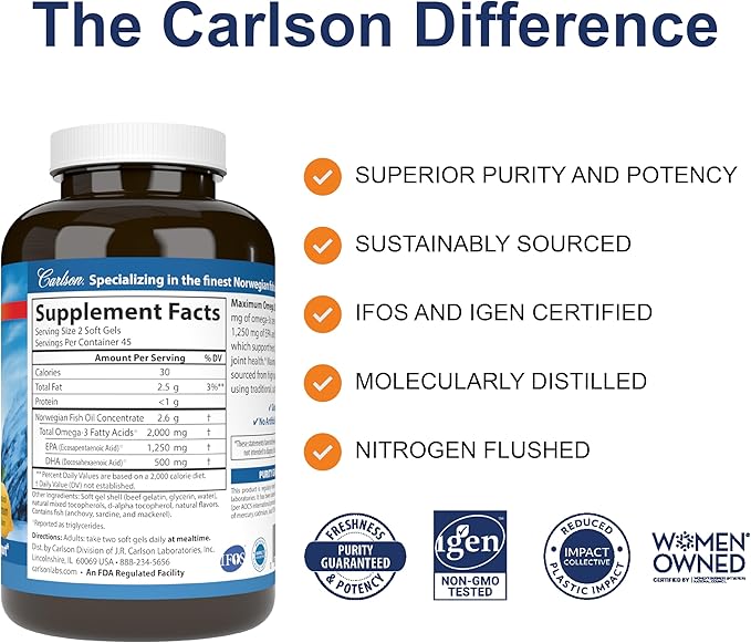 Carlson - Maximum Omega 2000 2000 mg Omega-3s Healthy Heart Brain Function &amp Vision Support Lemon 90 soft gels