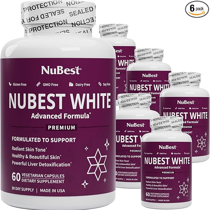 NuBest White - Glutathione 400mg &amp Milk Thistle Extract - Skin Brightening Supplement - Helps Beautiful and Radiant Skin - Antioxidant Supplement &amp Detoxification - 6 Pack | 6 Months Supply