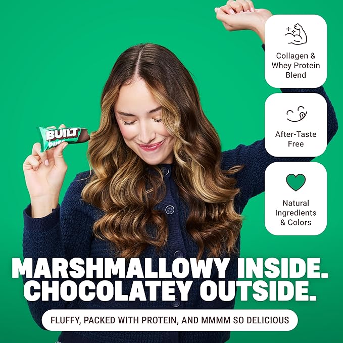 BUILT Bar Puff Protein Bars - Mint Chip - 17g Protein Snack Bars with Collagen - Calorie Conscious &amp Gluten Free - 12 Count