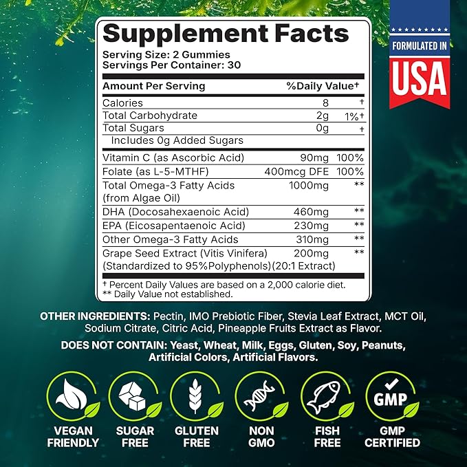 Marine Algae Omega 3 Gummies with 3400mg+ | DHA/EPA/ALA 20:1 Grape Seed Extract Vitamin C &amp Folate | Heart Brain &amp Skin | Plant-Based Sugar-Free 60 Ct