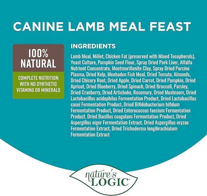 Nature's Logic Dry Dog Food - 100% Natural - No Synthetics - For All Ages Sizes Breeds - Free From Common Allergens High Protein - Lamb Meal Feast 4.4lbs