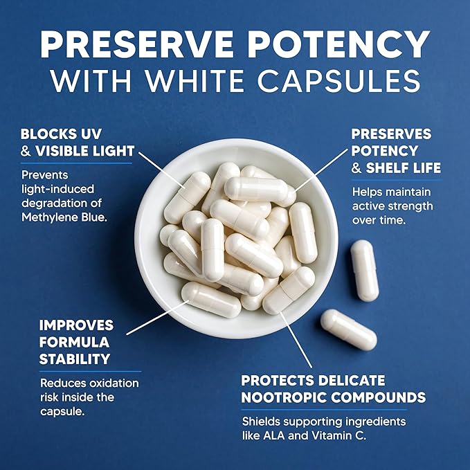 aSquared Nutrition Methylene Blue Capsules - Pharmaceutical Grade Supplement for Humans - 12mg Per Serving USP Grade - w/Vitamin C &amp Cacao Powder - Brain Focus Energy - Alt to Drops &amp Tablet