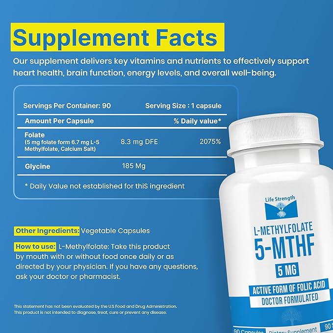 L Methylfolate 5mg | 90 Capsules | Optimized &amp Highly Bioactive Methyl Folate Supplement | 5-MTHF Supports for Energy Focus &amp Mood | Non-GMO Gluten Free Vegan | 3 Month Supply