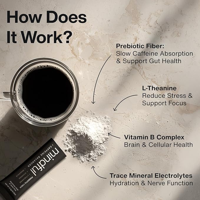 Mindful Tasteless Prebiotic Fiber for Your Coffee - Enhanced with L-Theanine Magnesium B Vitamins - Dissolves Clear &amp Taste-Free - Unflavored Unsweetened (30 Count)