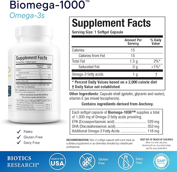 Biotics Research Biomega-1000™ Omega 3 Fish Oil With EPA 529mg / DHA 353mg– Omega-3 Fatty Acids 1000 mg- Highly Concentrated Fish Oil 90 Days Servings–Supports Immune Brain &amp Heart Health–90 Soft