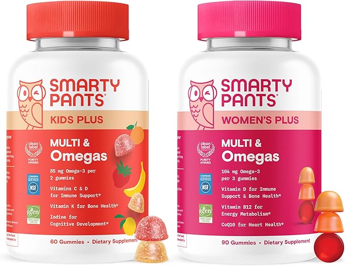SmartyPants Family Daily Nutrition Bundle: Kids + Women’s Multivitamin Gummies with Omega-3 Vitamins D3 B12 A &amp Zinc – Gluten Free Non-GMO Clean Label Certified 60 &amp 90 Count (Pack of 2)